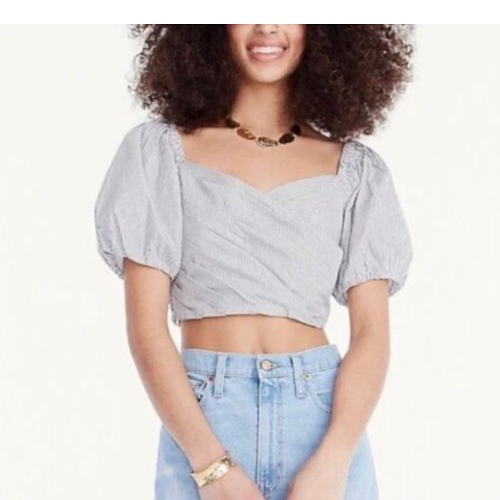 J. CREW Coquette Boho Beach Puff SL Wrap Smock Back B/W Stripe Cotton Crop Top L